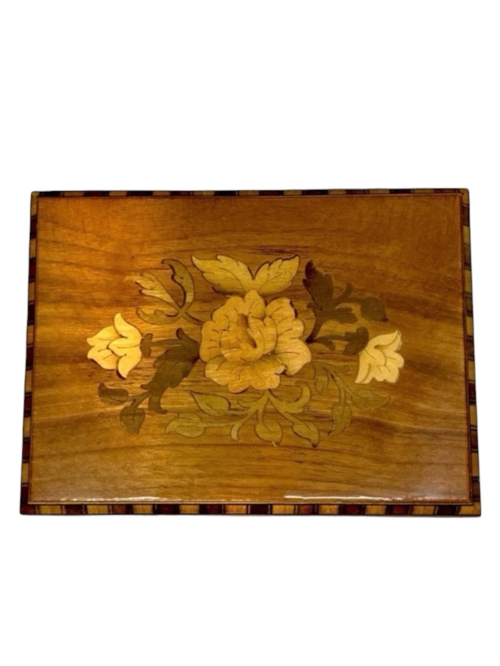 Vintage Notturno Intarsio Italy Inlaid Floral Wood Music Box Plays Isle of Capri